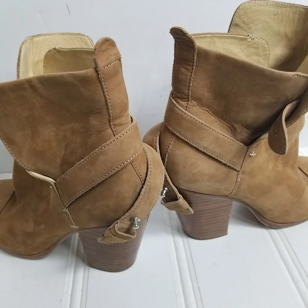 Rag & Bone Kinsey Boots 37.5 Suede Ankle Wrap Strap Chunky Heel Tan Italy